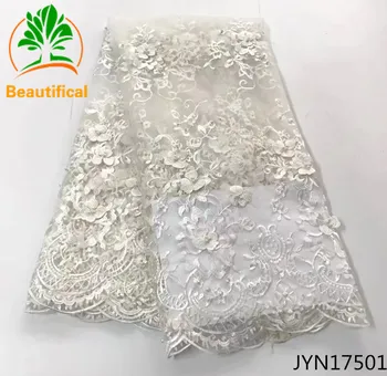 

BEAUTIFICAL White african lace fabrics 3d Appliques net lace with beads Latest design nigerian mesh tulle lace for dress JYN175