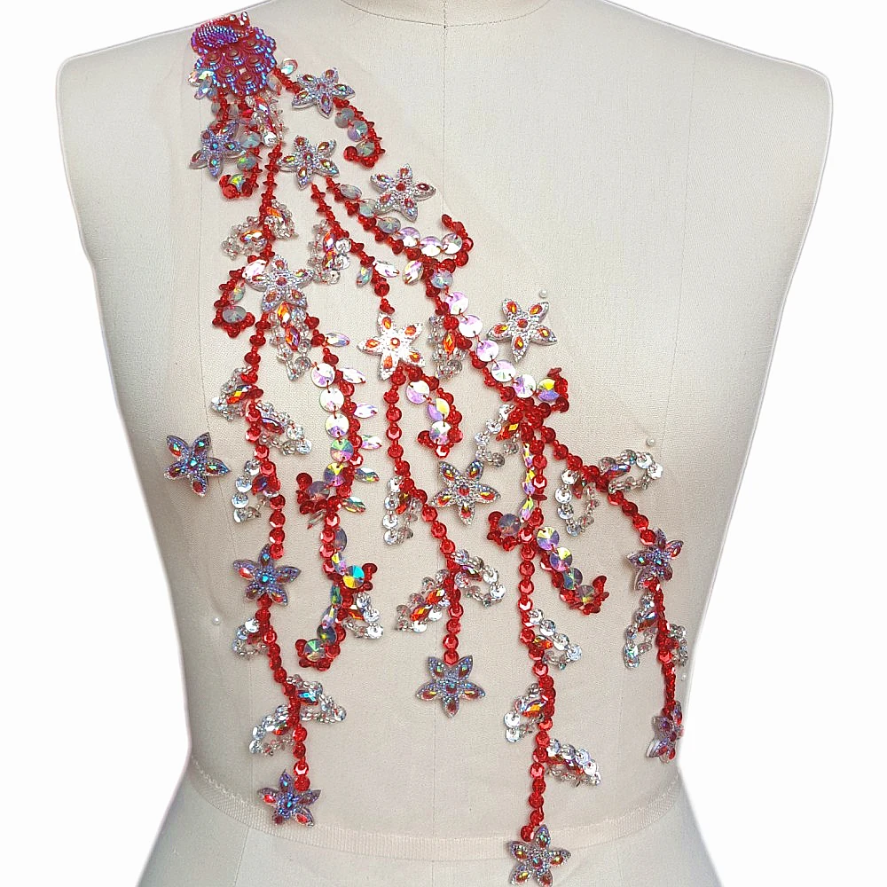 Bi.Dw.M Beaded Sequins 30x60cm Red Rhinestone Crystal Trim Appliques