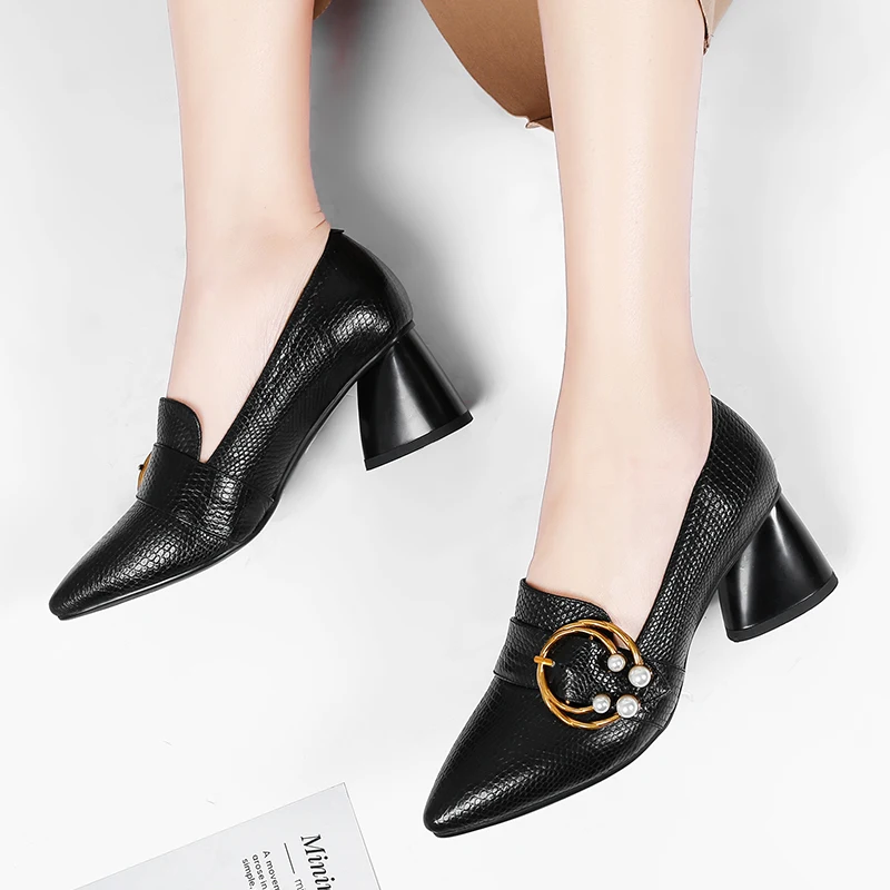 

Women's genuine leather metal buckle slip-on pumps brand design beading decoration pointed toe OL style comfort shoes plus size