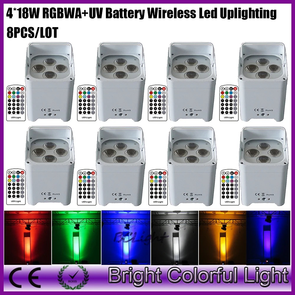 DHL Бесплатная доставка 8xlot беспроводной аккумулятор LED PAR света 4x18 Вт RGBWA uv led