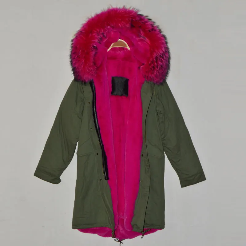 Special Offers Free shipping cost rose red long style Italy brand design faux fur inside real collar winter parka