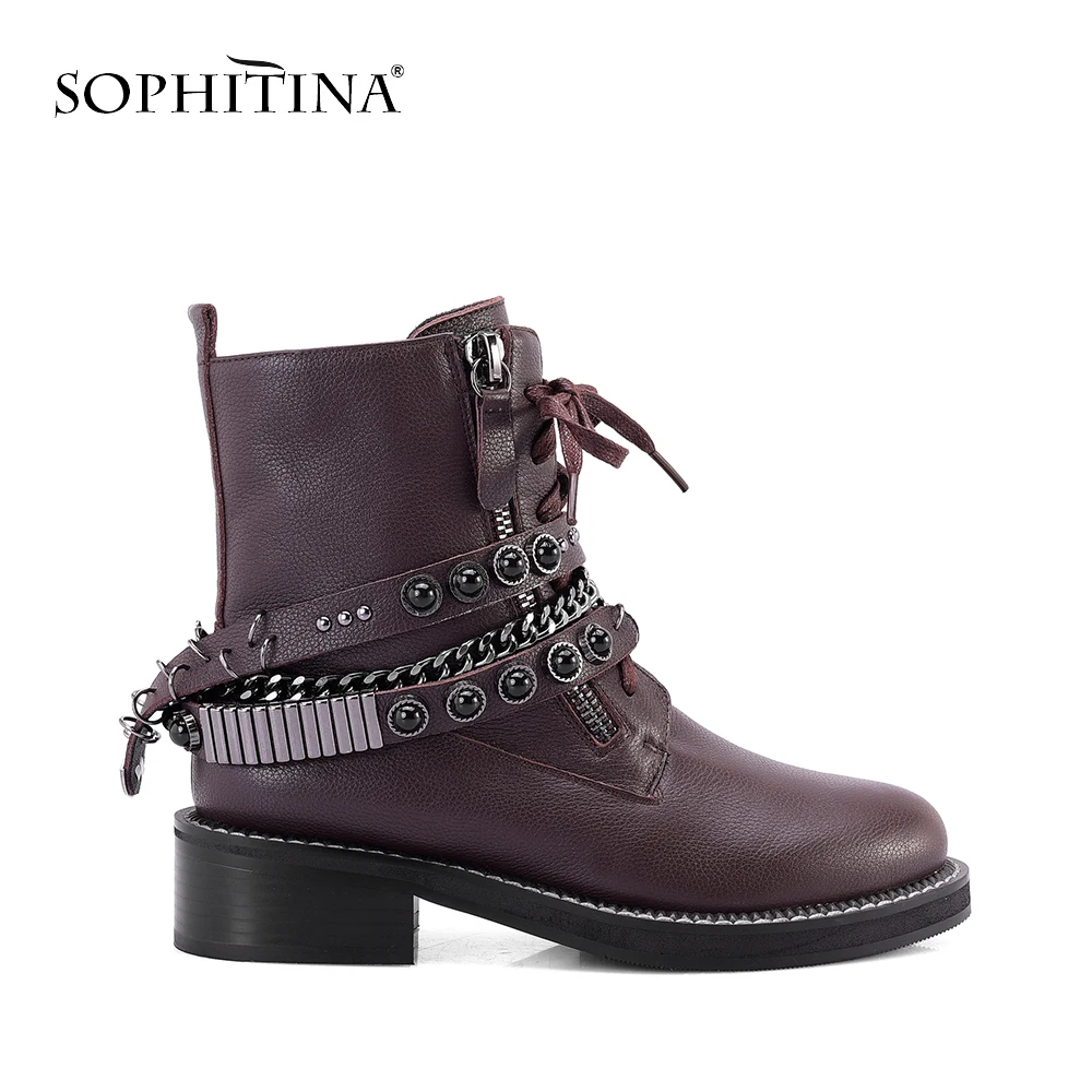 

SOPHITINA 2018 Quality Motorcycle Boots Luxury Genuine Leather Retro Round Toe Warm Woman Shoes Metal Chain Soft Ankle Boots M01