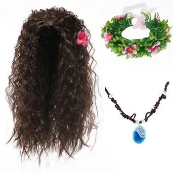 

Girl Moana Halloween Cosplay Party Dress up Accessory Kit Moana Wig Synthetic Hair Kids Vaiana Floral Garland Comic Con Headgear