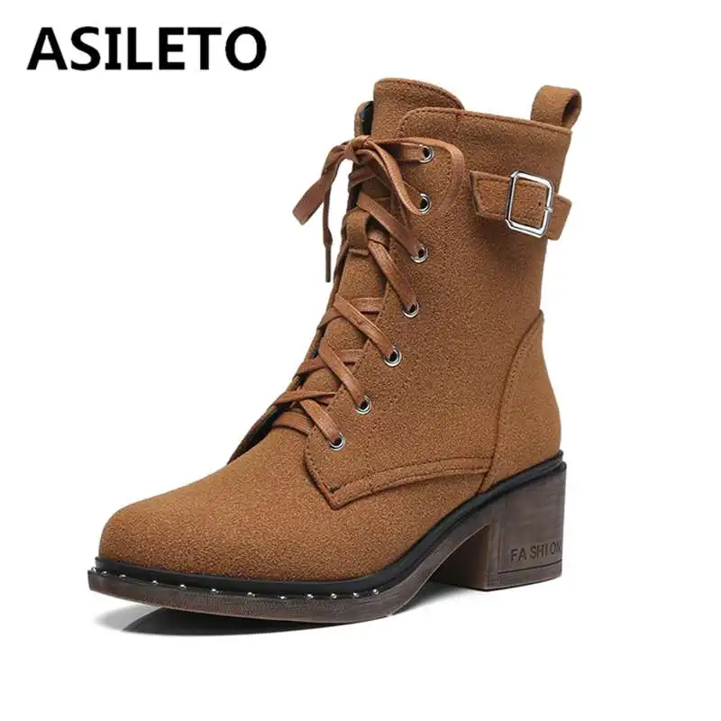 

ASILETO Lace-up Winter Shoes Woman ankle Boots female Cow Suede leather motorcycle boot rivet vintage low heels footwear bottine
