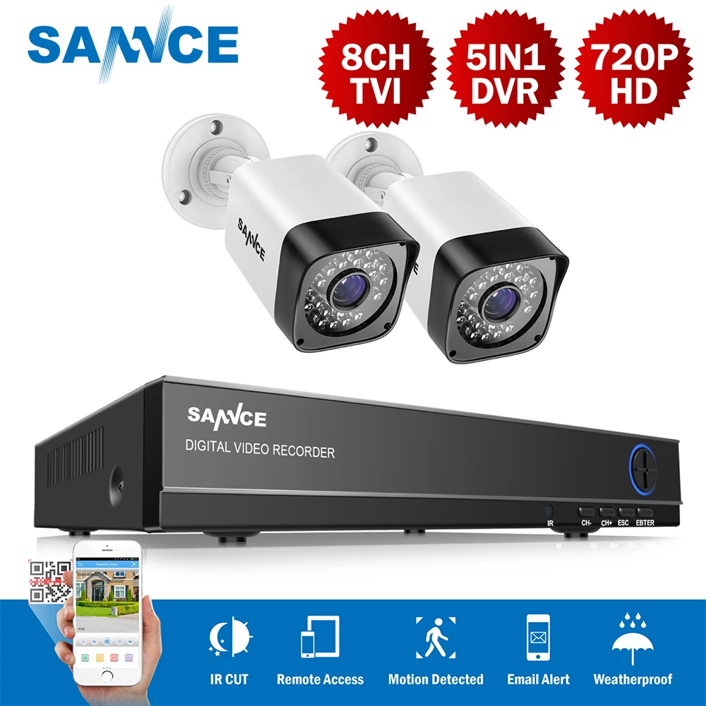 SANNCE 720 P 8CH CCTV видео безопасности Системы TVI 1 ТБ HD 2 шт. CCTV Камера Survelliance комплект ИК Открытый Всепогодный BW