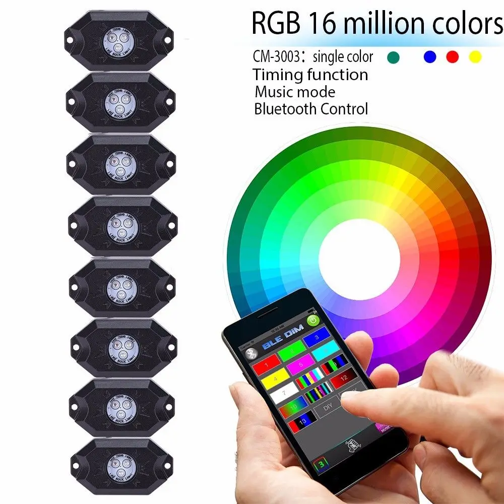 

CO LIGHT 8PCS 3'' 9W Multi-Color RGB LED Rock Light Kit with Bluetooth Controller Timing Function Music Mode for Cars Truck Bus