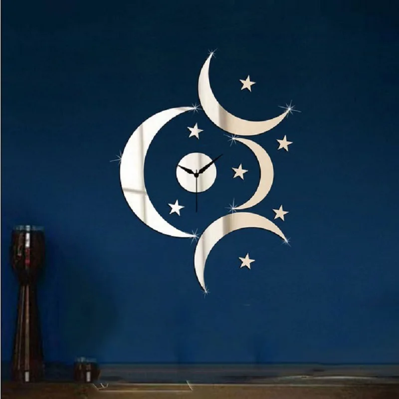 Free Shipping3D Moon and Star Mirror Sticker Romantic Silver Color