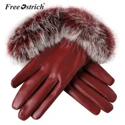 Бесплатная страуса зимние кожаные перчатки осень WarmWomen сенсорный экран черный мех варежки L1825