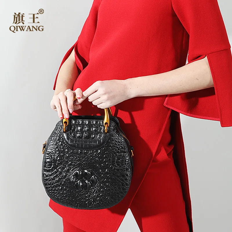 

Qiwang Cowhide Women Shoulder Tote Handbag Retro 100% Genuine Leather Crocodile Pattern Cross Body Messenger Top Handle Bag