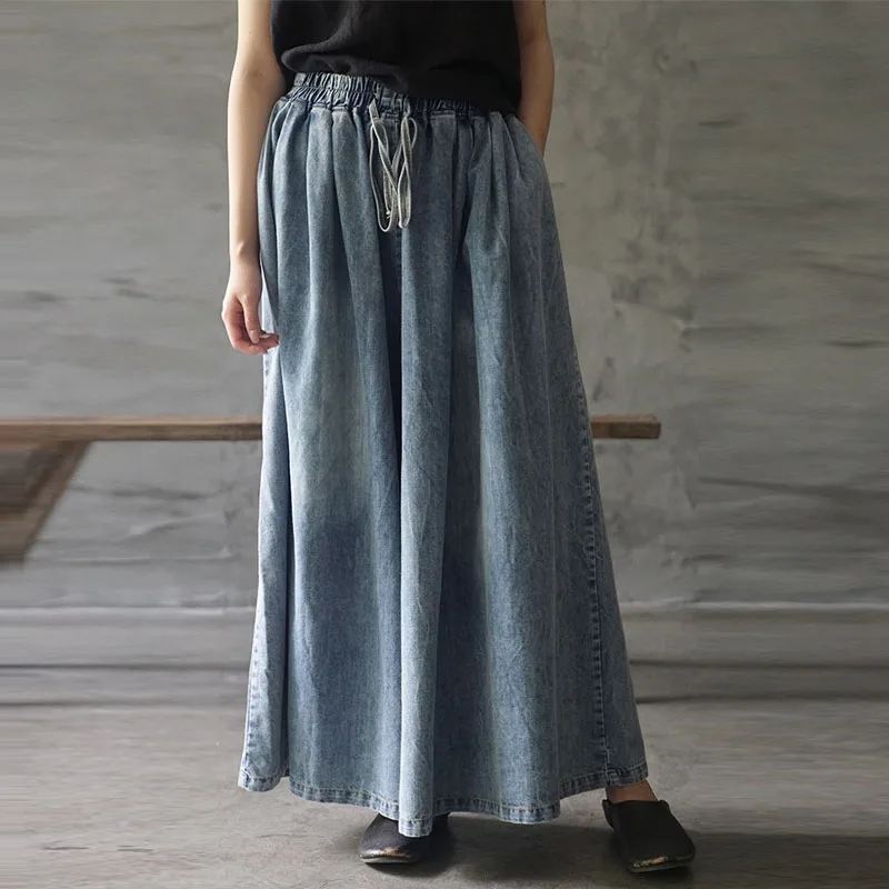 

Johnature Fashionable New Wide Leg Elastic Mid Waist Women Lace Up Jeans 2019 Autumn Casual Loose Light Blue Women Long Jeans