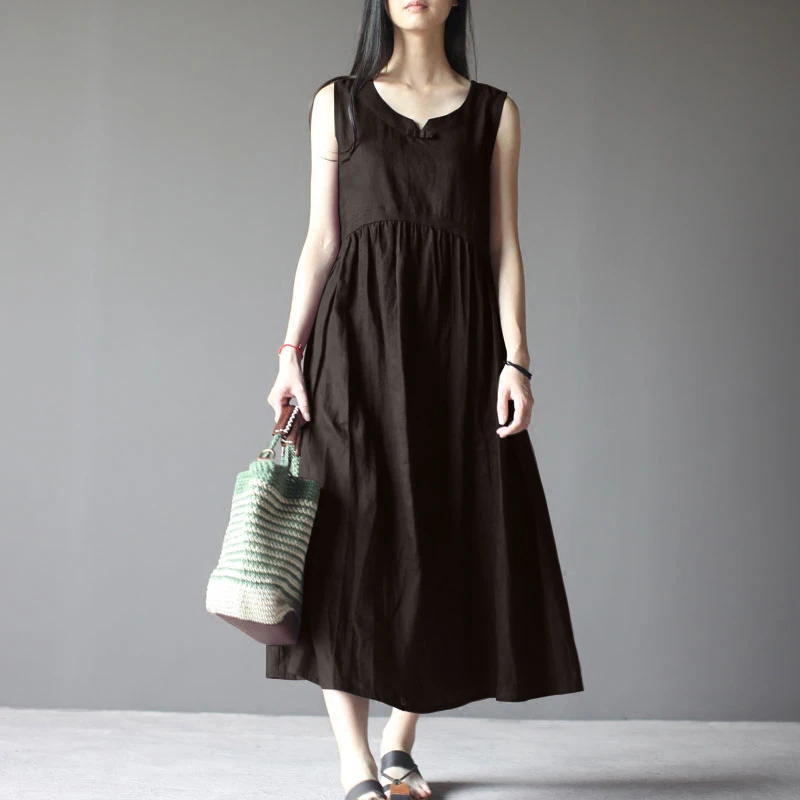 ZANZEA женское летнее винтажное свободное хлопковое льняное платье без рукавов с круглым вырезом, повседневное однотонное пляжное длинное платье размера плюс