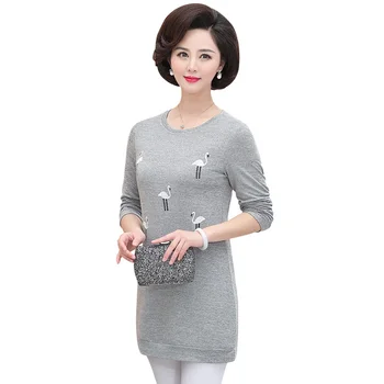 

Long Sleeves T-shirt O-neck Tops Spring Fall New Middle Age Mother Printed Tee 5XL Plus Size Women Pullover Bottoming Shirt