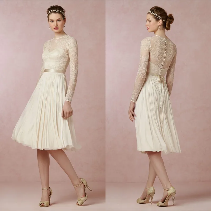 2017 Summer Lace Short Wedding Dress With Long Sleeves Boat Neck