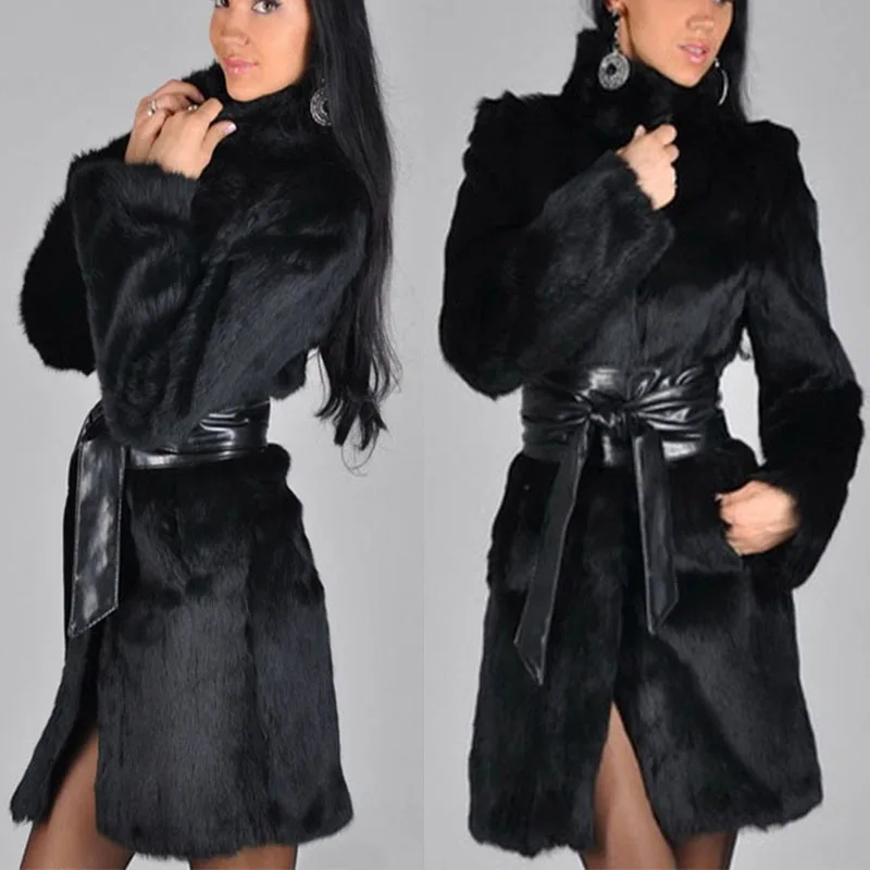 

Coat Fur Europe And America Autumn And Winter Suede Fox Fur Collar Long Black Imitation Fur With Belt Sexy Slim Women'S Clothing