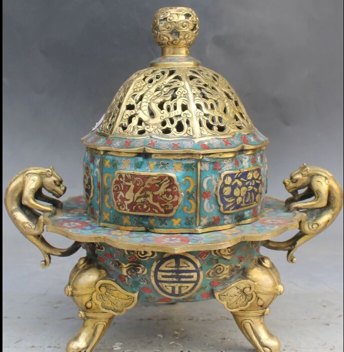 

Marked China Cloisonne Enamel Bronze Tiger Beast Incense Burner Censer Statue
