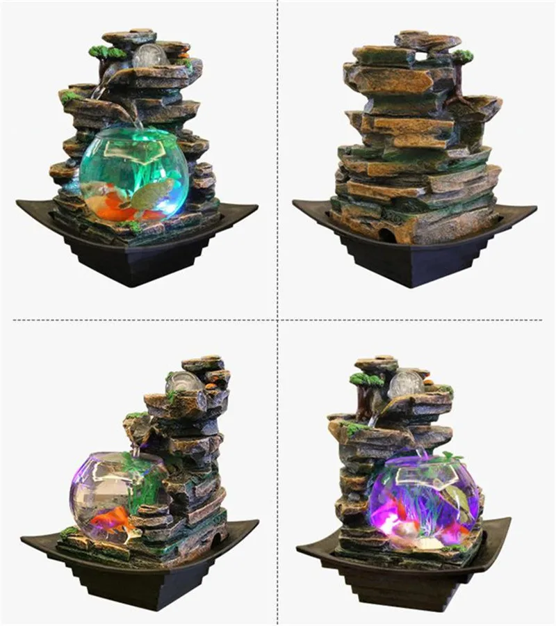 Resin Water Fountains Feng Shui Wheel Fish Tank LED Light Ball Home Office Tabletop Water Fountain Figurines Decoration
