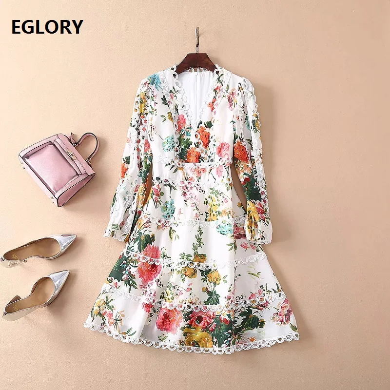 

Novia Party 2019 Spring Summer Fashion Women Sexy Deep V-Nneck Lace Embroidery Beautiful Floral Print Long Sleeve Dress Clubwear