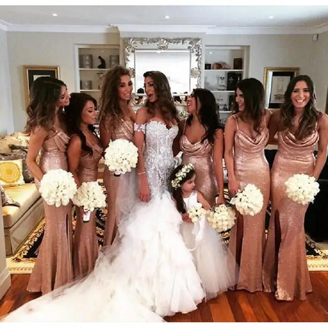 Sparkly Rose Gold Mermaid Bridesmaid Dresses 2017 Spaghetti Straps Sparkly Rose Gold Mermaid Bridesmaid Dresses 2017 Spaghetti Straps Side Split Sequins Backless Long Wedding Party