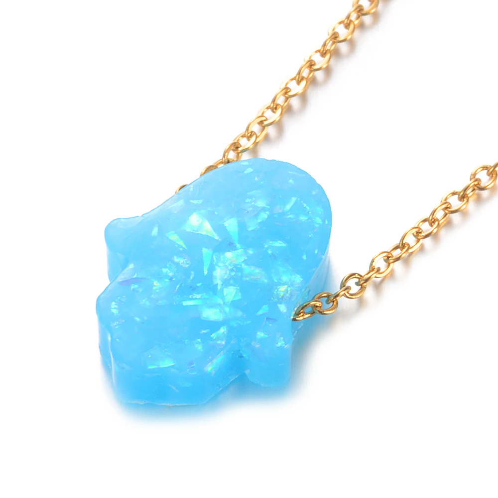 Várias cores hamsa opala pedra pingente colar mão de fátima 100% aço  inoxidável corrente dourada gargantilha presentes femme, image size:1000x1001