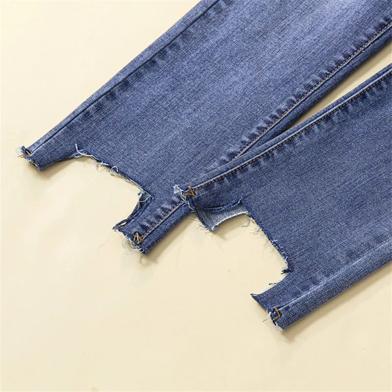 JUJULAND новый ультра эластичный синий кисточкой рваные джинсы женские джинсовые штаны мотобрюки для женщин облегающие джинсы плюс размеры 8016