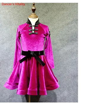 

2018 New Girls Latin Dance Costumes Velvet Stand Collar Bodysuit and Ruffles Skirts 2Pcs Set For Kids Samba Rumba Dance Suit