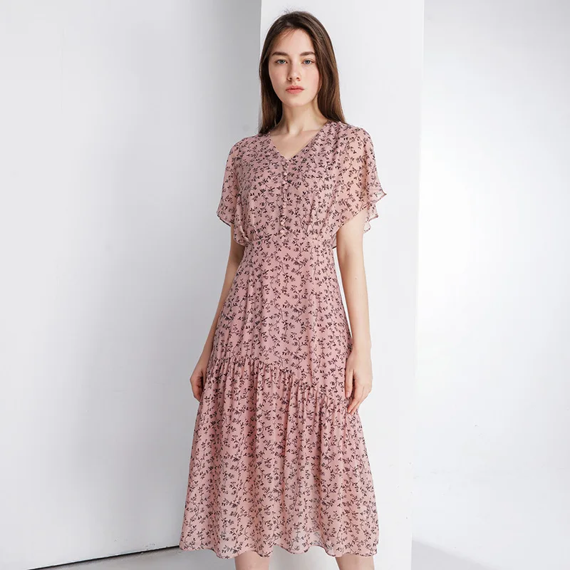 Silk High Elastic Waist Dress Women V Neck A Line Short Sleeve Print Floral Bohemian Dress Female Ruffles Long Dress Vestidos