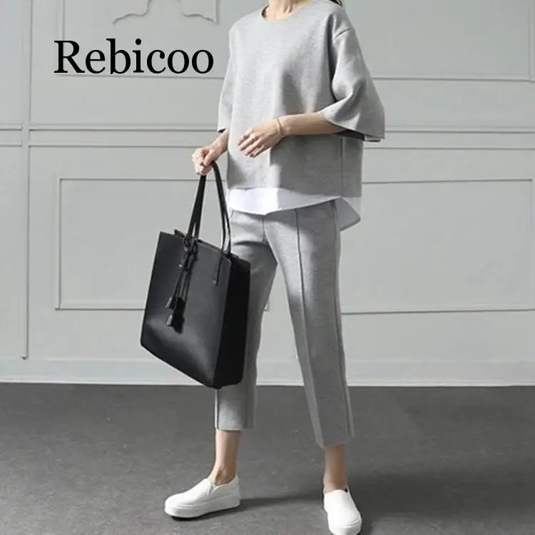 

Rebicoo 2019 Autumn Casual O-Neck Fake Two Pieces Top 3/4-Length Pants Two-piece Sets Loose Splits Sleeve Cotton Suits