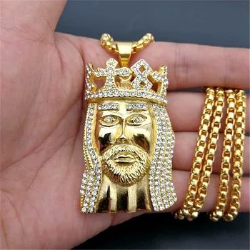 

Hip Hop Big Jesus Head Iced Out Chain Pendant Necklace Gold Color Stainless Steel Rhinestones Necklace Men's Jewelry Gift