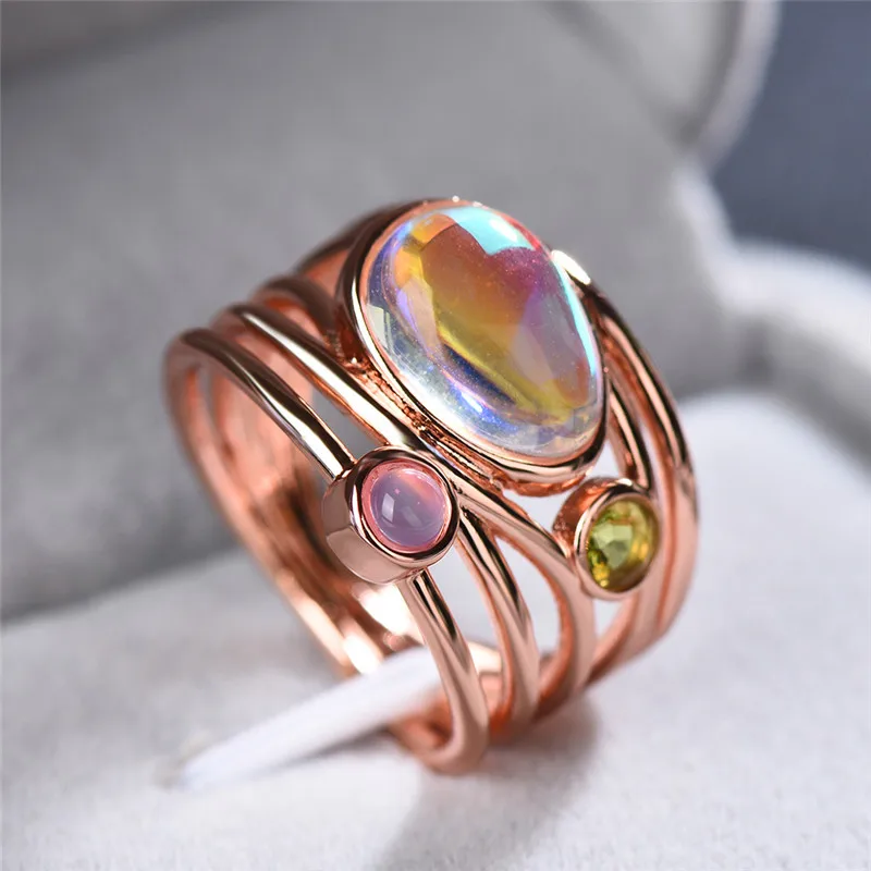 Кристальное женское кольцо с большим лунным камнем, модное 925 пробы Серебряное розовое золото, свадебные ювелирные изделия, обручальные кольца для женщин
