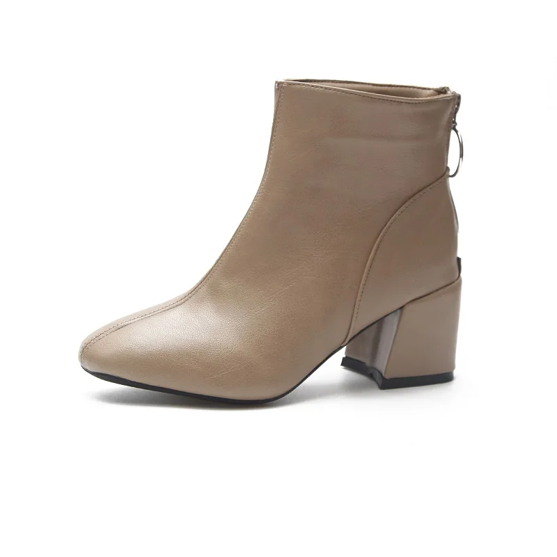 

2019 autumn and winter fashion versatile high-heeled zipper square head thick with women's booties beige 0216