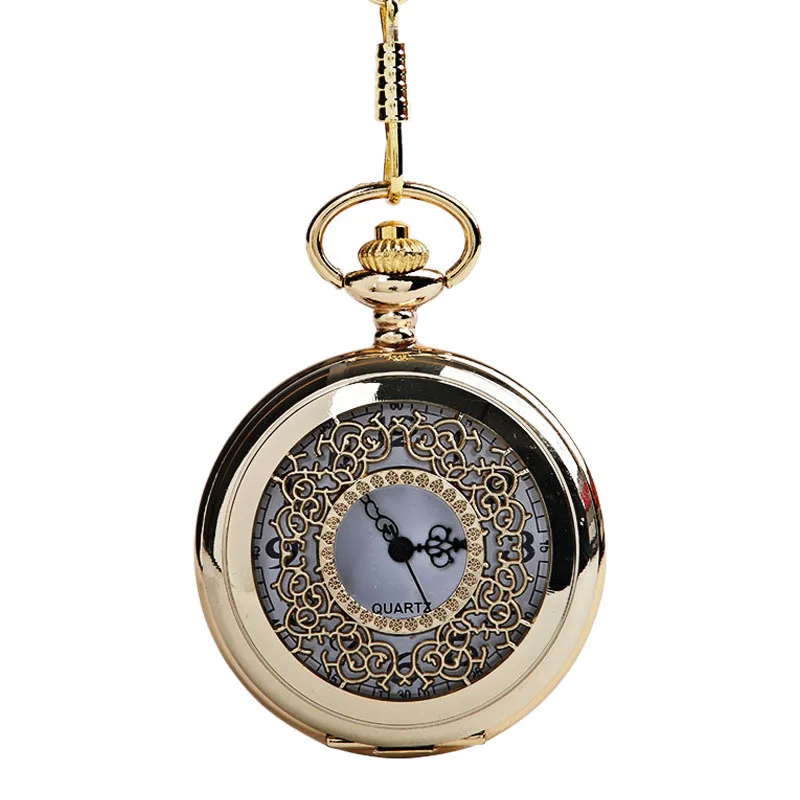 

Large thick chain hollow carved dense flower pocket watch gold color white face pocket watch