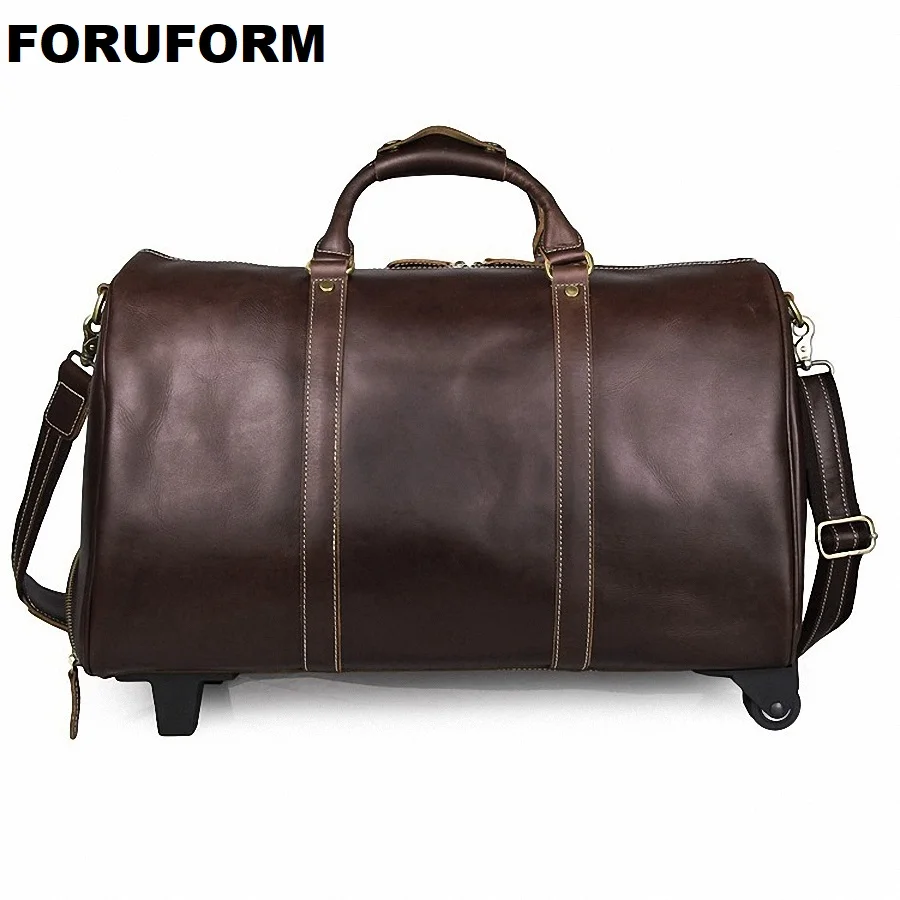 Draw bar Box Vintage Genuine Leather Cowhide Large Capacity Travel Luggage Men Duffle Bags