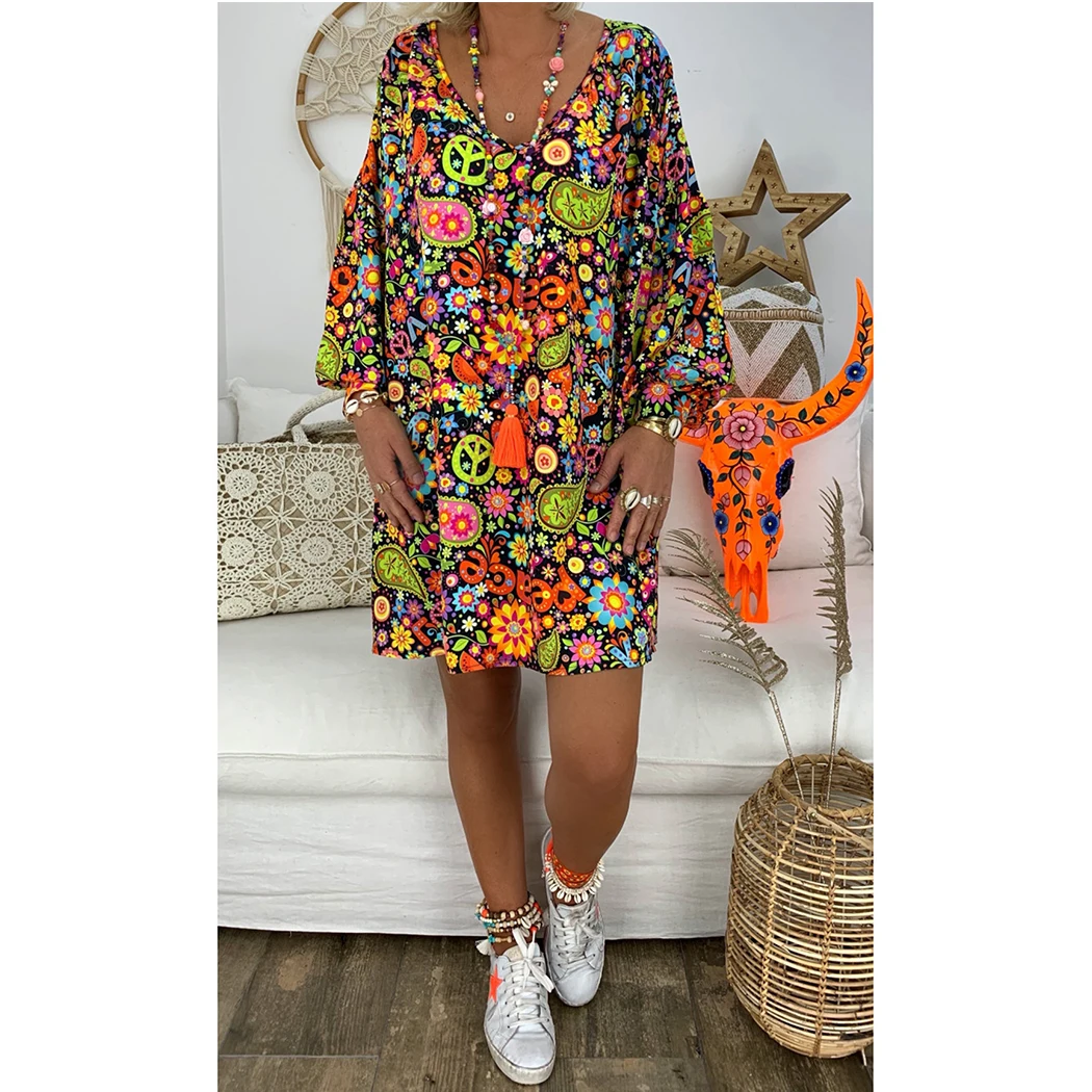 

Summer Boho Beach Dress Women V-Neck Floral Print Oversized Dress Plus Size Long Sleeve Irregular Party Club Dresses Vestidos