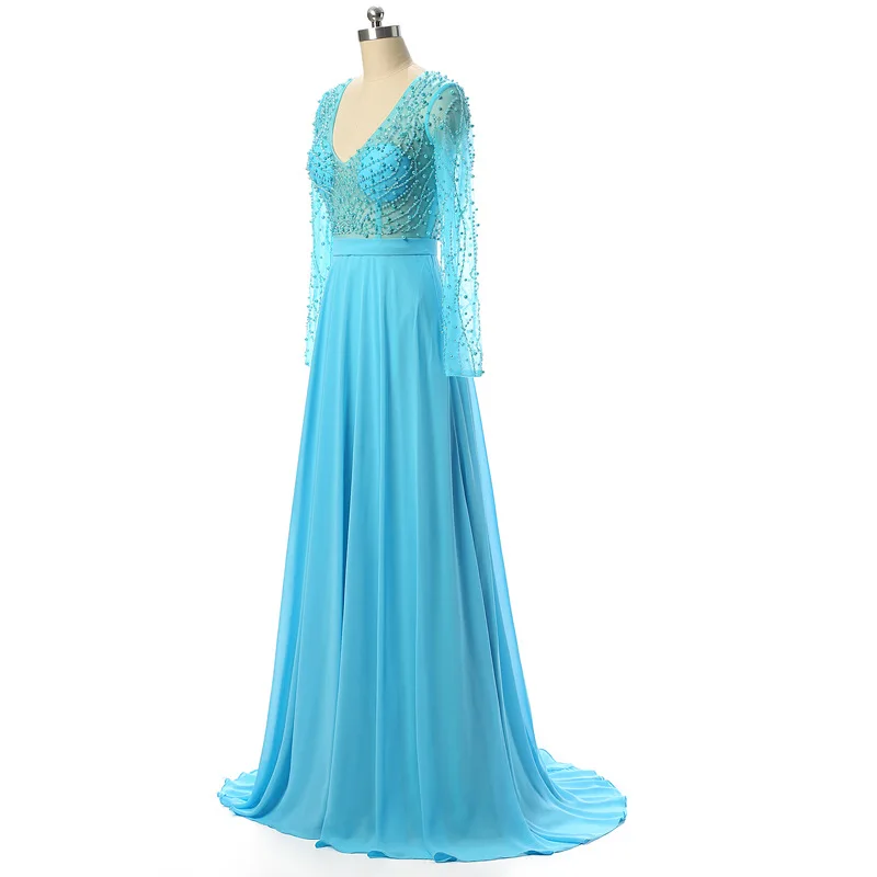 A-Line V-Neck Chiffon Blue Evening Dress Long Sleeves Vestidos de fiesta largos elegantes de gala Bead Bodice Formal Dresses A-Line V-Neck Chiffon Blue Evening Dress Long Sleeves Vestidos de fiesta largos elegantes de gala Bead Bodice Formal Dresses
