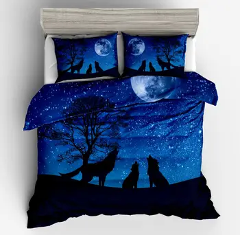

3d Animal series 3pcs All kinds wolves print duvet cover pillow case set Blue galaxy moon wolf printed bedding sets full size