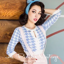 FREE SHIPPING Le Palais Vintage New Autumn Winter Blue White Houndstooth Bow Slim Three Quarter Puff