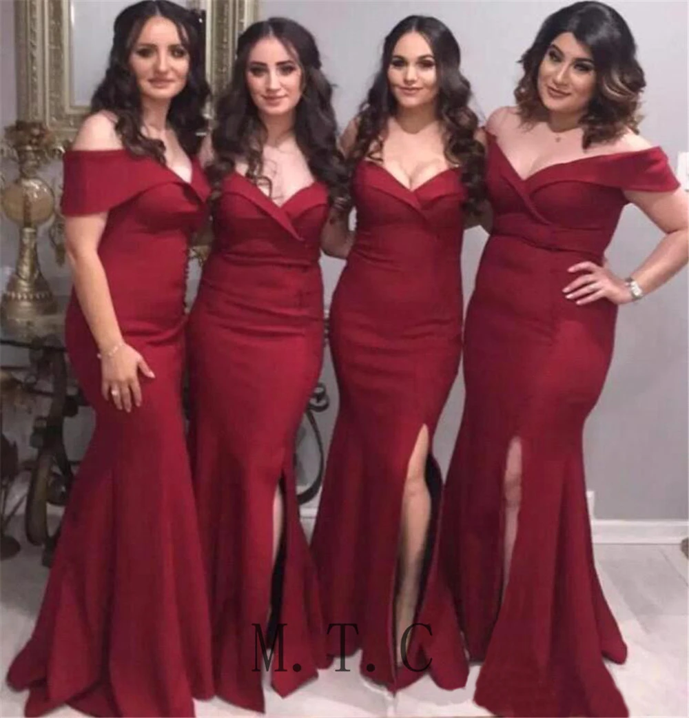 

Mermaid Burgundy Bridesmaid Dresses Off The Shoulder Boat Neck Side Split Long Women Wedding Party Dress 2019 Robe De Soiree