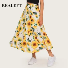 REALEFT летнее Новое поступление женские пляжные длинные плиссированные юбки с принтом подсолнуха Хлопок Высокая талия Harajuku тюль юбки до середины икры