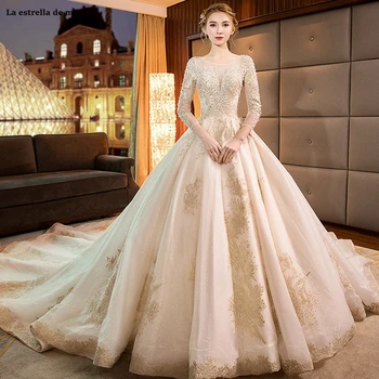 

Vestido de noiva new lace Scoop neck tulle beaded gold applique long sleeves Ball Gown ivory church wedding dress high quality r