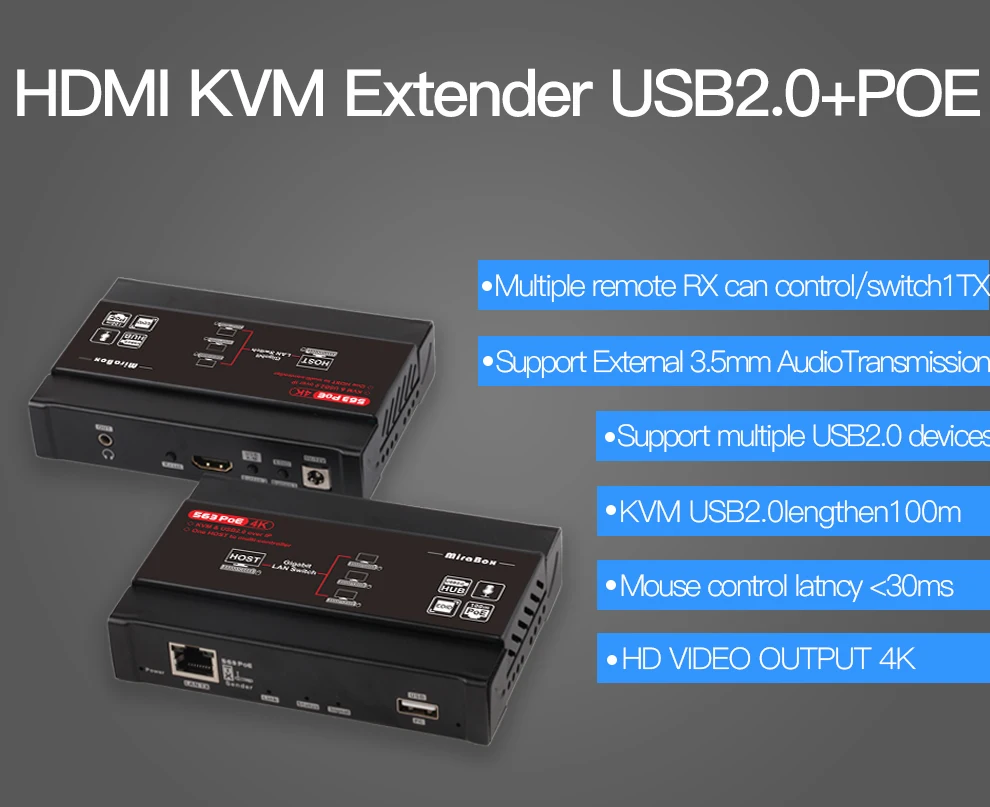 Mirabox 100m 4K KVM USB HDMI по IP Cat5e Cat6 удлинитель Поддержка 802.3af POE, USB2.0 сквозной, 4K@ 30 Гц 4:4:4, задержка