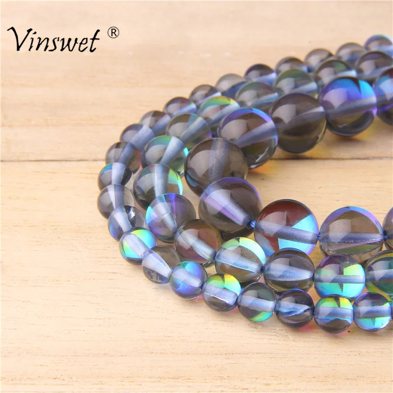 

6-10mm Natural Round Synthetical Rainbow Moonstone Beads Grey Loose Beads for Jewelry Making DIY Beads Bracelets 15.5''