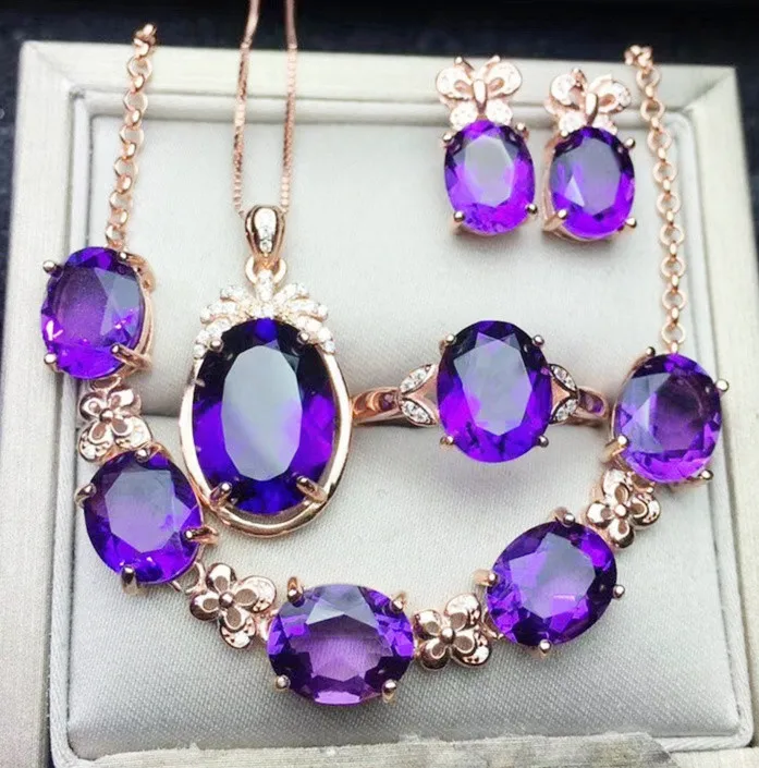 

Natural amethyst jewelry set Free shipping 925 sterling silver 1pc ring,1pc pendant,1pair stud earring 1pc chain bracelet #J9206