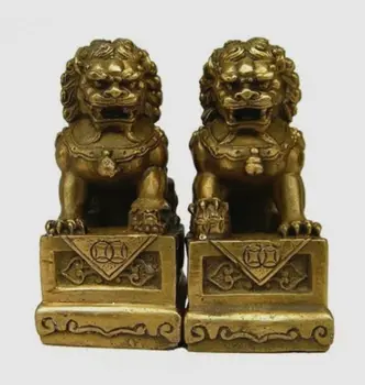 

Chinese Old China Chinese Brass Folk Fengshui Foo Fu Dog Guardion Door Lion Statue Pair Figure decoration bronze factory outlets