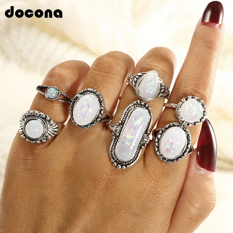 

Docona Bohemian Big Waterdrop Opals Rings Set Geometric Rhinestone Ring Sets for Women Metal Knuckle Midi Rings Jewelry 5887