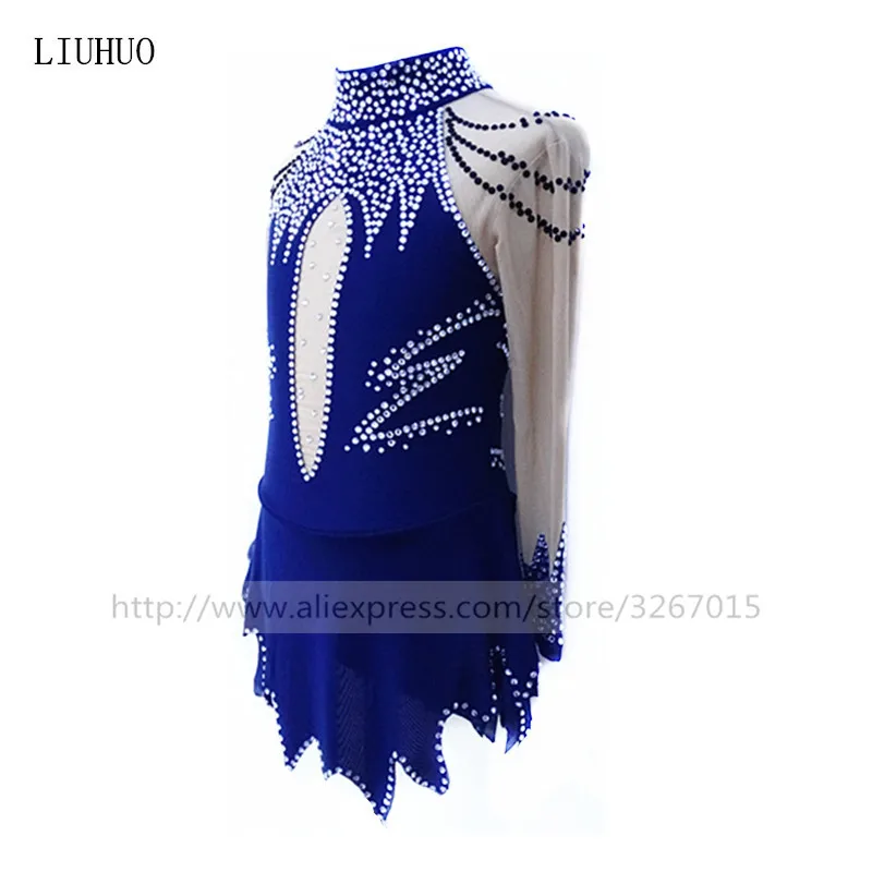 Фигурное катание платье Для женщин девочек Катание на коньках платье высокого эластичной пряжи темно-синие словосочетание белый и черный