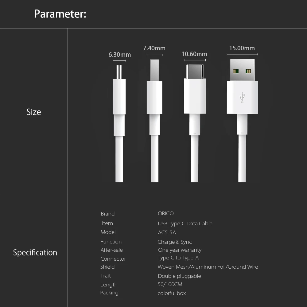 ORICO usb type C кабель 5А высокоскоростной USB кабель для синхронизации и зарядки для huawei P9 Macbook LG G5 Xiaomi Mi 5 htc 10 и многое другое