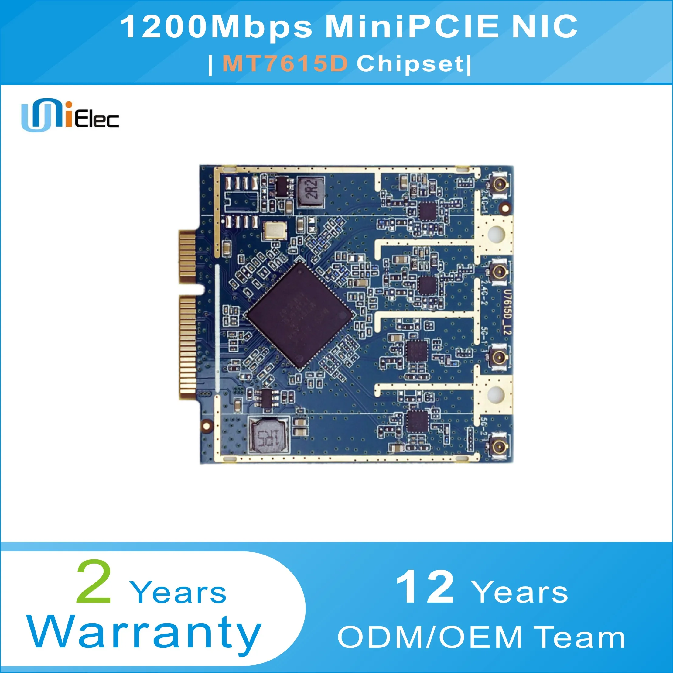 

MTK MT7615D 2x2 802.11ac and 2x2 802.11/b/g/n Wave2 1200Mbps MiniPCIE NIC PCBA ODM OEM MT7615D WiFi Custom Board