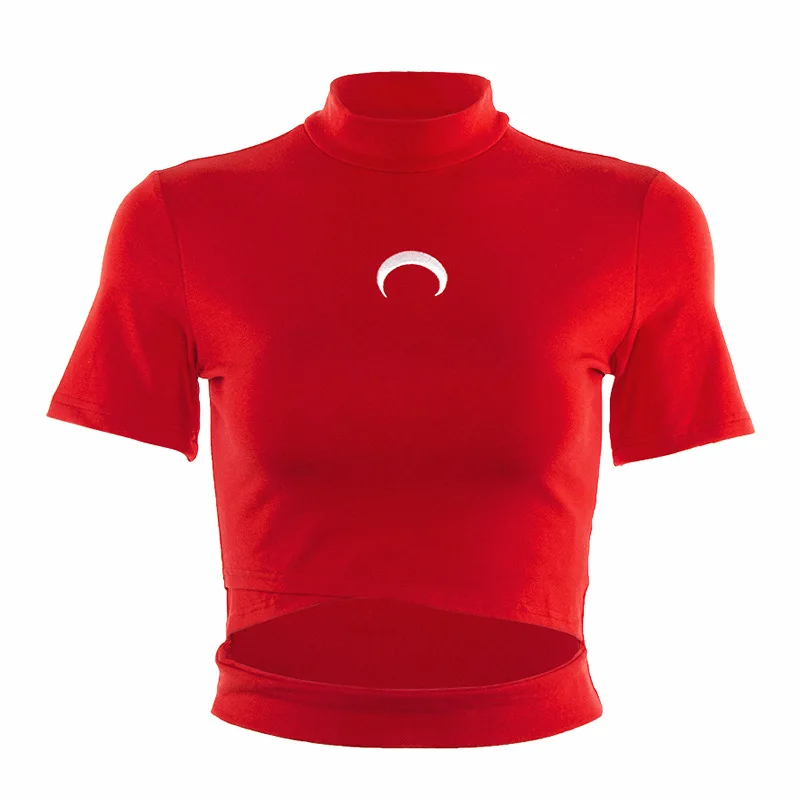 Женская футболка с изображением ведьмы и Луны, готические футболки, топы с вышивкой в виде полумесяца, футболки пастельного готического стиля, хлопковая короткая футболка - Цвет: Red T-Shirt