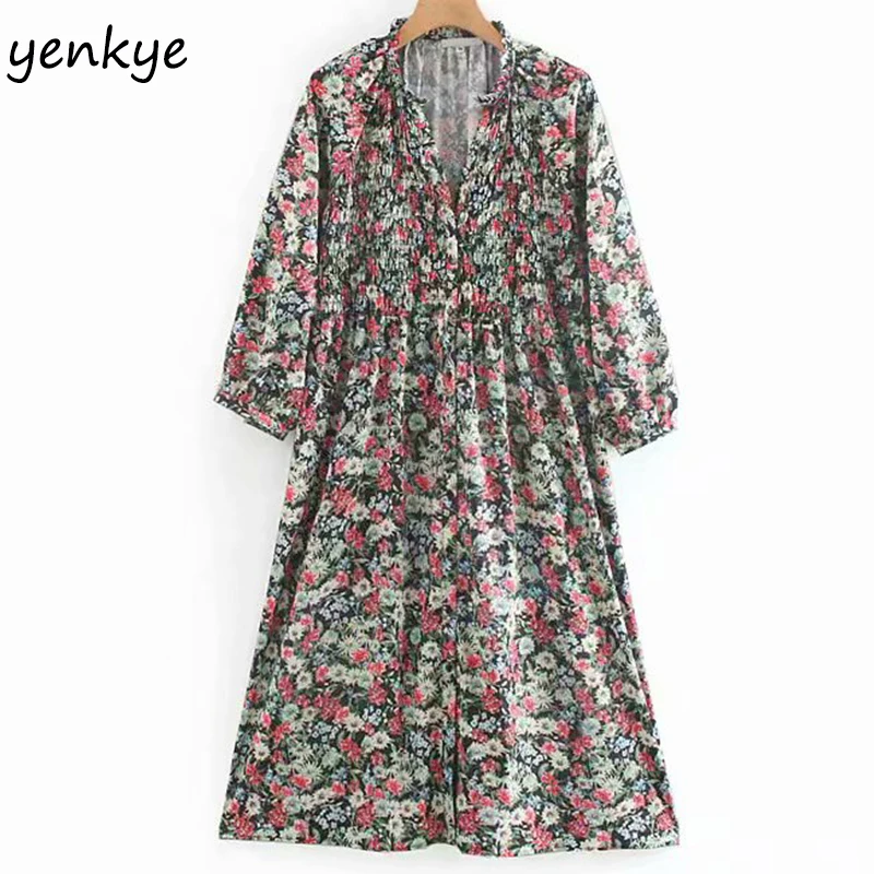 

Autumn Dress 2019 Women Vintage Floral Print Dress Female V Neck Long Sleeve Midi Casual Plus Size Dress XNWM8960
