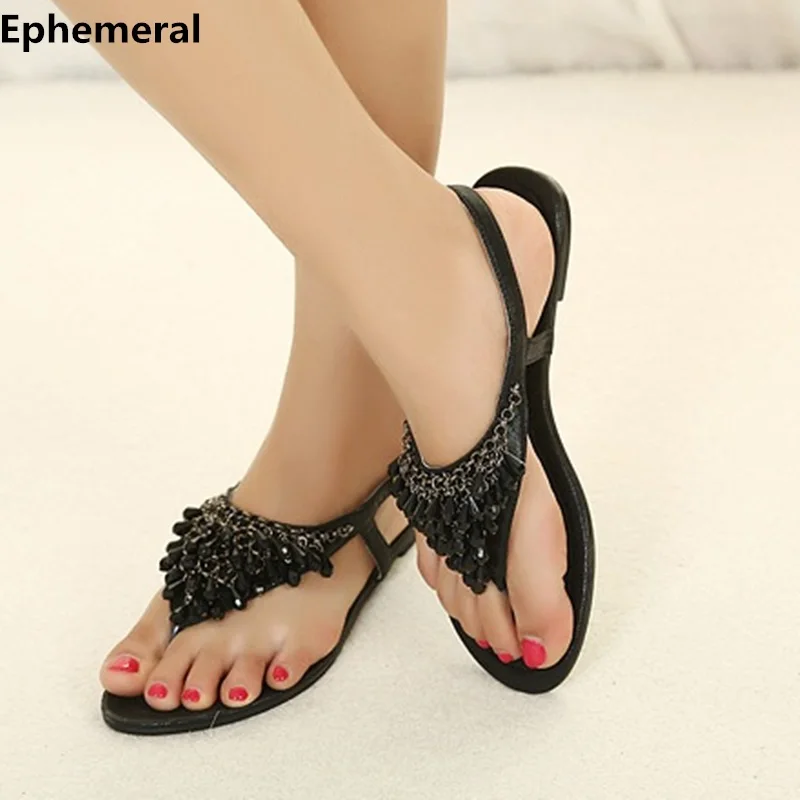 Women Sweet sandals Back strap string bead shoes flats open toe flip ...